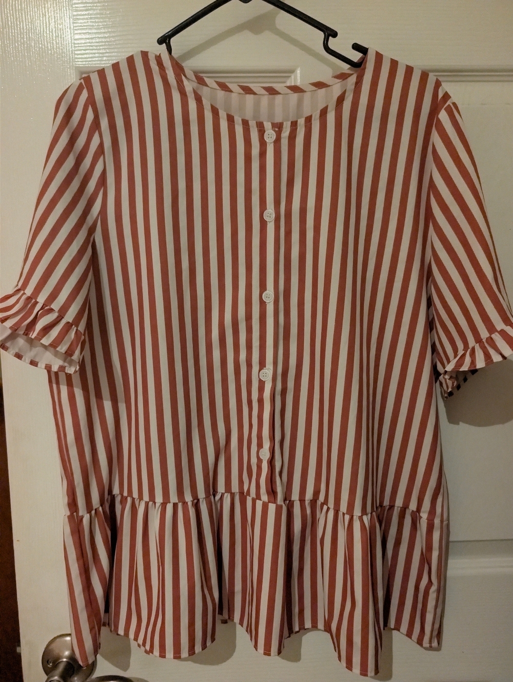 Rust and White Striped Peplum Button Front Blouse
